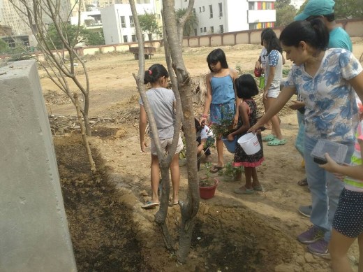 children putting compost before